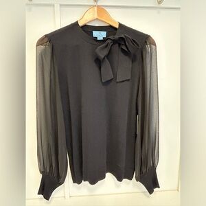 CeCe Black Bow-Neck Sheer-Sleeve Sweater